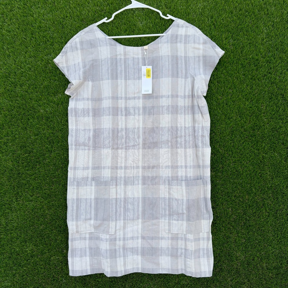 NEW Eileen Fisher Womens Linen Cotton Plaid Midi Dress Grey Plaid Size Large NWT